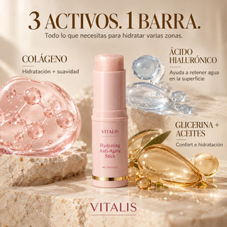 Los tres activos de VITALIS en una sola barra: colágeno, ácido hialurónico y glicerina con aceites