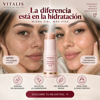 Imagen ilustrativa de piel apagada antes y piel hidratada y luminosa después de usar el bálsamo VITALIS