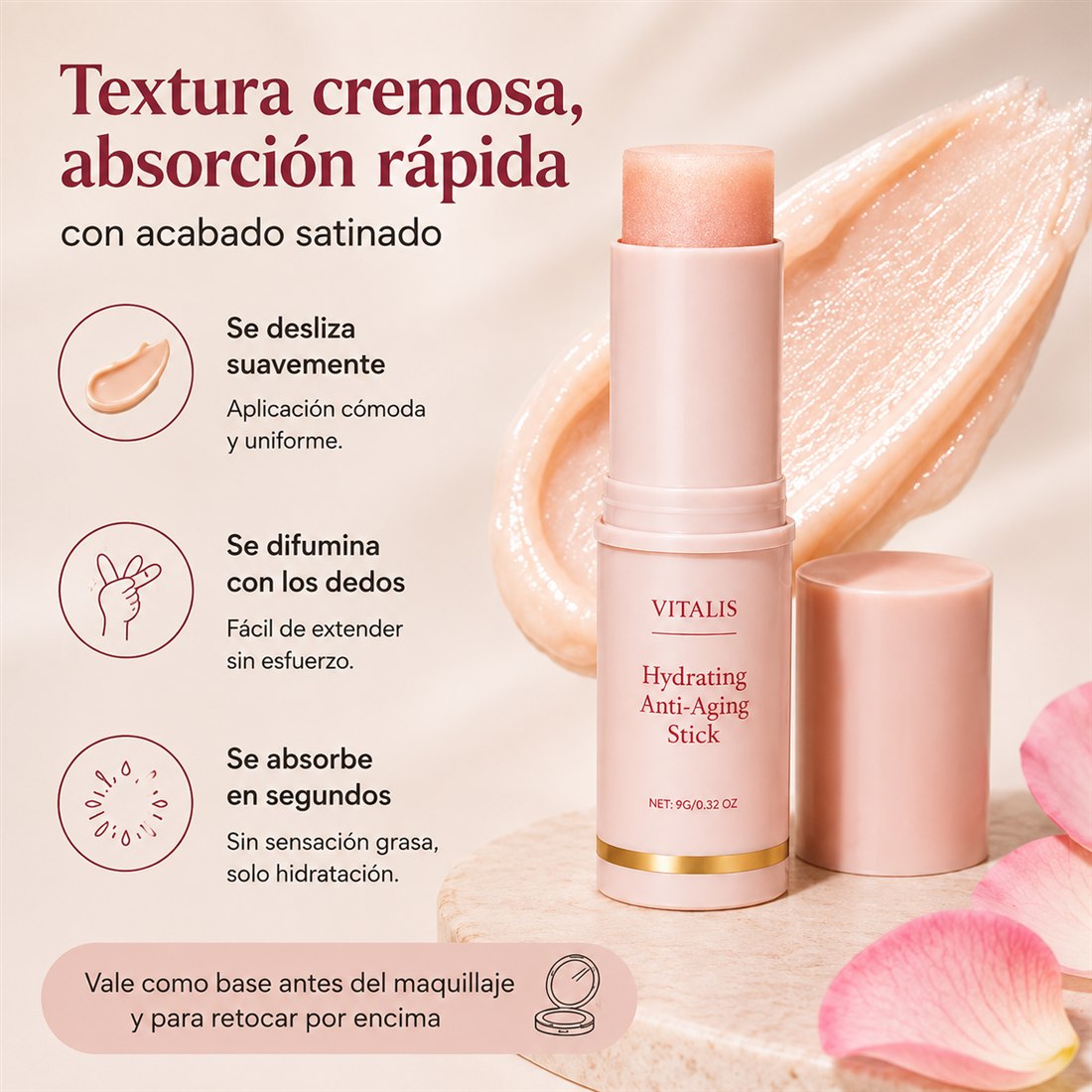 Textura cremosa de absorción rápida, con acabado satinado