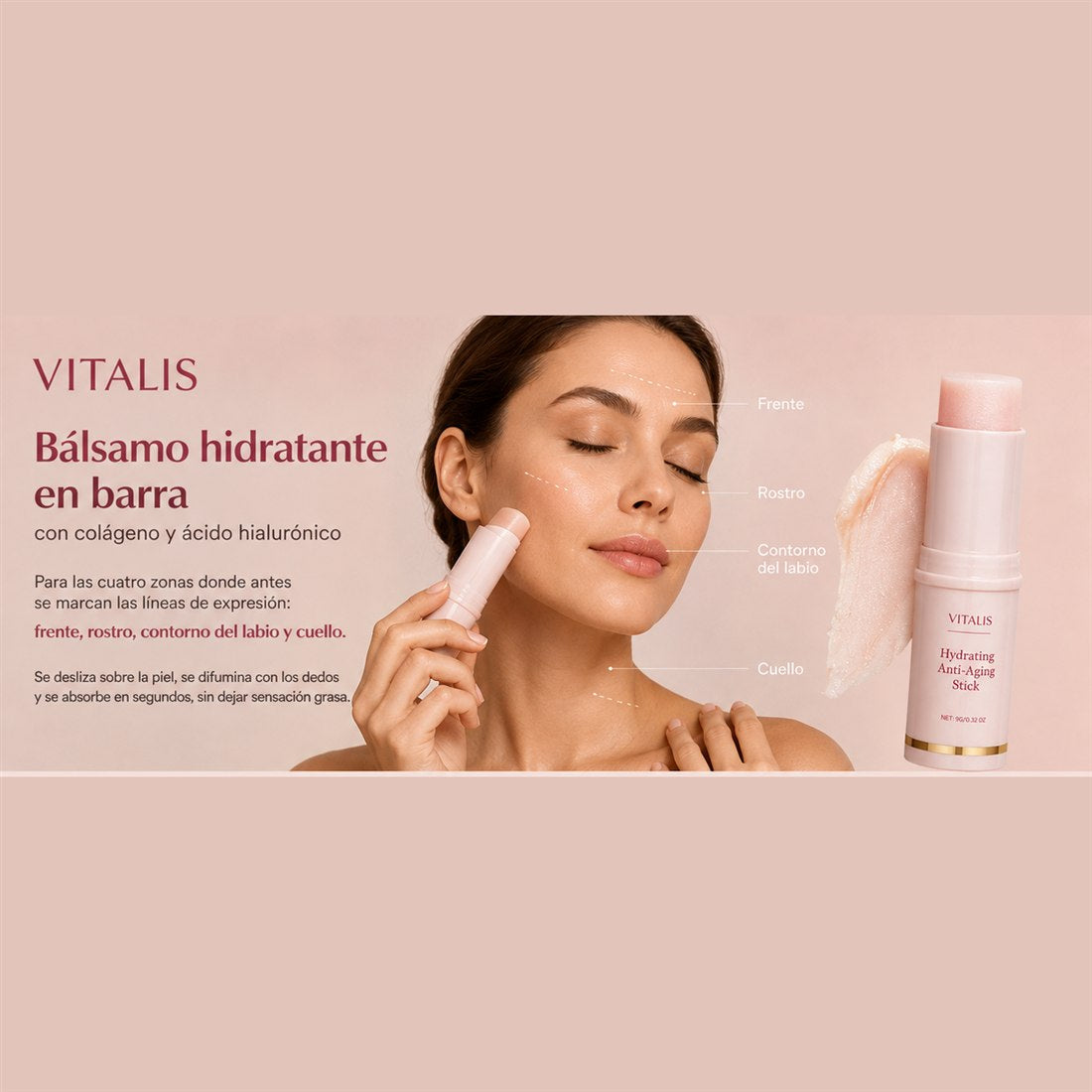 Las cuatro zonas donde antes se marcan las líneas de expresión: frente, rostro, contorno del labio y cuello